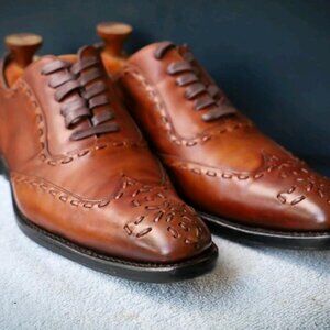 Calzoleria Harris for Barneys 12 Brown Burnished Italian Oxford Mens Dress Shoes